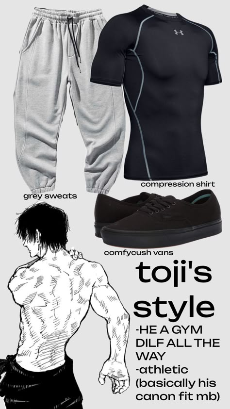 #toji #jjk #outfitinspo #style Toji Back Pose, Outfits For Gym Men, Modern Ninja Outfits Men, Anime Outfit Ideas Men, Anime Outfit Ideas Real Life, Men’s Gym Style, Compression Shirt Outfit Aesthetic Men, Types Of Fashion Styles Men, Toji Outfit Ideas