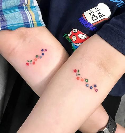 Colorful Matching Tattoos, Girly Matching Tattoos, Friendship Tattoos For 4 Best Friends, Group Matching Tattoos, Silly Little Tattoos, Matching Flower Tattoos, Bf Tattoos, Three Person Tattoo, Friend Group Tattoos