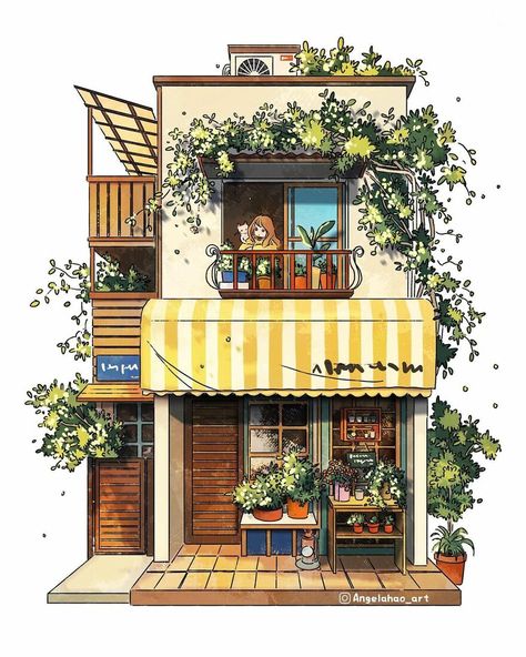 The Most Charming Facades Created Digitally By Artist Angela Hao ポップアート ポスター, Japan Illustration, Rumah Minecraft, Building Drawing, Watercolor Architecture, Building Illustration, Casas The Sims 4, Sims House Design, Architecture Drawing Art