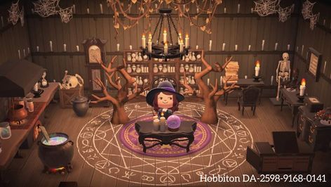 Acnh Witch Interior, Witchy Room Animal Crossing, Animal Crossing Witch Room, Witch Core Animal Crossing Codes, Acnh Goth Interior, Acnh Witchy House, Animal Crossing Fortune Teller Stall, Fortune Teller Acnh, Acnh Island Designs Witchy