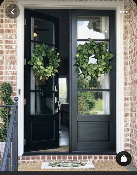 Single To Double Door Entry, Simple Wreaths, Wood Front Entry Doors, Best Front Door Colors, Double Front Entry Doors, Double Door Entryway, Front Door Inspiration, Double Door Wreaths, Best Front Doors