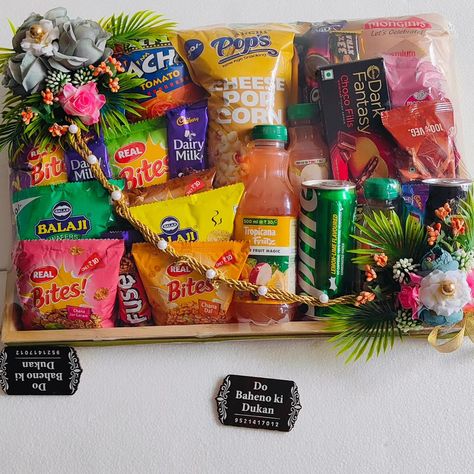 Teej celebrations hamper 🍫🍪🍾🥞🍬🍭🧁 Rakhi hamper #rakhicelebration #rakhshabandhan #rakshabandhangifts #engagementgift #teejgifts #sagun #sweet #cookiesgift #packaging #dobahenokidukan #dobehnokidukan #deesa #palanpur #patan #ahmedabad #gift Flavored Carbonated Water, Animal Theme Birthday, Raksha Bandhan Gifts, Birthday Pics, Carbonated Water, Tomato And Cheese, Theme Birthday, Lemon Lime, Ahmedabad