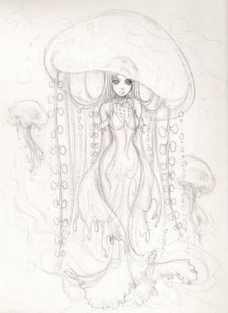 Jellyfish Dress Drawing, Underwater Sketch, Jellyfish Mermaid, Jellyfish Dress, Jellyfish Drawing, Mermaid Drawings, Mermaid Art, Book Art Drawings, Art Tutorials Drawing