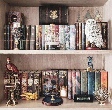 Harry Potter Shelf Display, Harry Potter Book Shelf, Bookshelf Arrangement, Harry Potter Bookshelf, Harry Potter Shelf, Harry Potter Display, Harry Potter Bedroom Decor, Harry Potter Room Decor, Harry Potter Bedroom