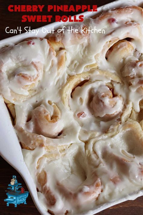 Cherry Pineapple Sweet Rolls – Can't Stay Out of the Kitchen Recipes With Pineapple, Company Breakfast, Cherry Slab Pie, Almond Icing, Cherry Cobbler Recipe, Halloween Snack Mix, Cherry Crisp, Candied Pineapple, Easy Peach Cobbler Recipe