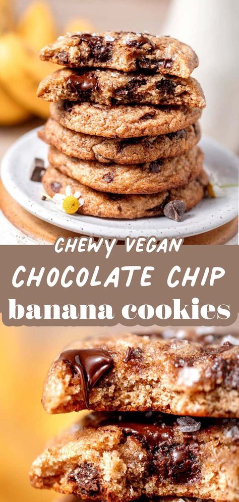 Vegan Banana Chocolate Chip Cookies, Vegan Banana Bread Cookies, Vegan Banana Oatmeal Cookies, Vegan Banana Recipes, Banana Cookies Vegan, Banana Recipes Vegan, Vegan Banana Cookies, Vegan Chocolate Chip Cookie Recipe, Vegan Bakes