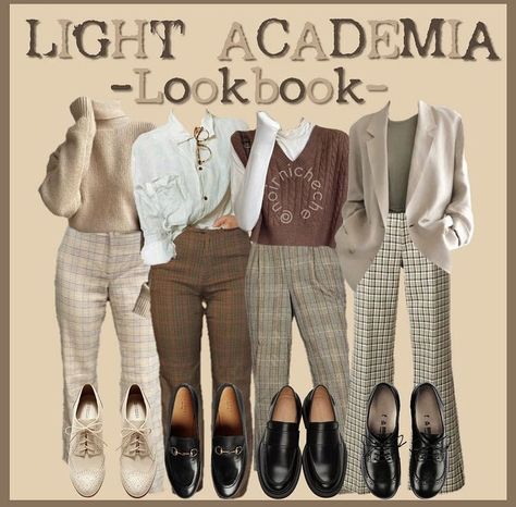 Light Academia Work Outfit, School Outfits Light Academia, Light Academia Wardrobe, Capsule Wardrobe Light Academia, Yearbook Outfit Ideas, Where To Shop For Academia Clothes, Outfit Ideas Light Acadamia, Light Academia Lookbook, Light Academia Aesthetic Outfit