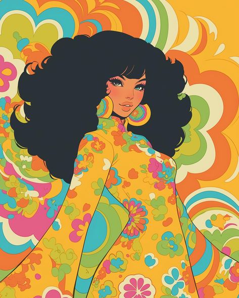 🌸✨ Embracing the groovy 70s spirit in full color. . . . #GoGoGirl #Throwback #RetroChic #GroovyGirl #FlowerPower #VintageVibes #70sFashion #RetroStyle #HippieChic #Psychedelic #ColorfulLife #PeaceAndLove #BohoStyle #ClassicLook #TimelessBeauty #FashionInspo #BlastFromThePast #RetroRevival #FashionFlashback #GoodVibes #FlowerChild 70s Funky Aesthetic, 70s Characters, 70s Flower Child, 70s Painting, 70s Groovy Art, 70s Artwork, 70s Illustration, 70s Art, Groovy Aesthetic