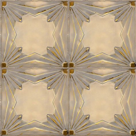 The #41 tin ceiling tile design (24 in. x 24 in.) is a 24 in. pattern featuring stylized geometric detailing with an emphasis on strong symmetrical lines. It is a visually distinct pattern for large ceilings. Speakeasy Ceiling, Ceiling Art Ideas, Tin Tile Ceiling, Art Deco Floor Tiles, Tin Ceiling Kitchen, Decorative Drop Ceiling Tiles, Tiled Ceiling, Copper Ceilings, Embossed Ceiling Tiles