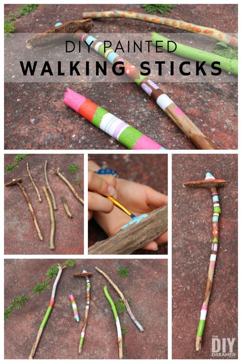 DIY Painted Walking Sticks - Glamping Projects Walking Stick Craft, How To Make A Walking Stick, Decorated Walking Sticks, Painted Walking Sticks Ideas, Walking Sticks Diy, Painted Walking Sticks, Diy Walking Stick, Camping Craft, Log Crafts