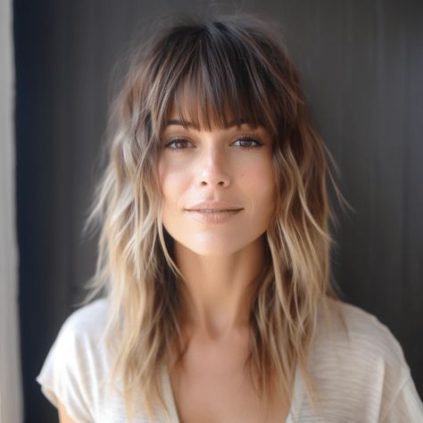 87 Layered Haircuts and Hairstyles for Long Hair Shaggy Blonde Balayage Hair, Lived In Layers Hair, Long Shaggy Layers With Bangs, Shaggy Hair With Fringe, Edgy Layered Hair Long, Flat Face Hairstyles, Shaggy Fringe Bangs, Long Hair For 40 Year Old Women, Edgy Bangs With Medium Hair