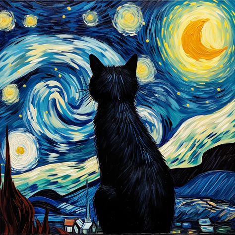 starry night, cat, van gogh, famous, oil painting, monet, masterpiece, post impressionist, vincent willem van gogh, artist, famous painter, stars, post impressionism, blue, vangoholic Van Gogh Inspired Paintings, Starry Night Inspired Art, Cat Van Gogh, Starry Night Poster, Vincent Van Gogh Artwork, Painting Monet, Post Impressionism Art, Montage Art, Vincent Willem Van Gogh