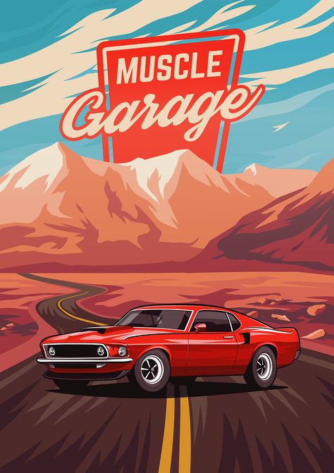 Mustang Digital Art, Classic Cars Illustration, Aesthetic Poster Ideas, Mustang Illustration, Car Illustration Art, Cars Illustration, Mustang Art, Auto Illustration, Cb 450