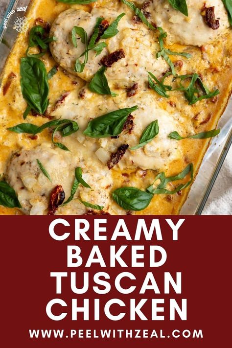 An easy Tuscan chicken that is baked in a cream sauce with sun-dried tomatoes, garlic, and basil, this chicken dinner. The perfect easy weeknight dinner recipe ready in 30 minutes. Tuscan Chicken Casserole Recipes, Baked Tuscan Chicken Casserole, Tuscan Chicken Bake, Easy Tuscan Chicken, Baked Tuscan Chicken, Tuscan Chicken Recipe, Vegetarian Risotto, Parmesan Cream Sauce, Thanksgiving 2024