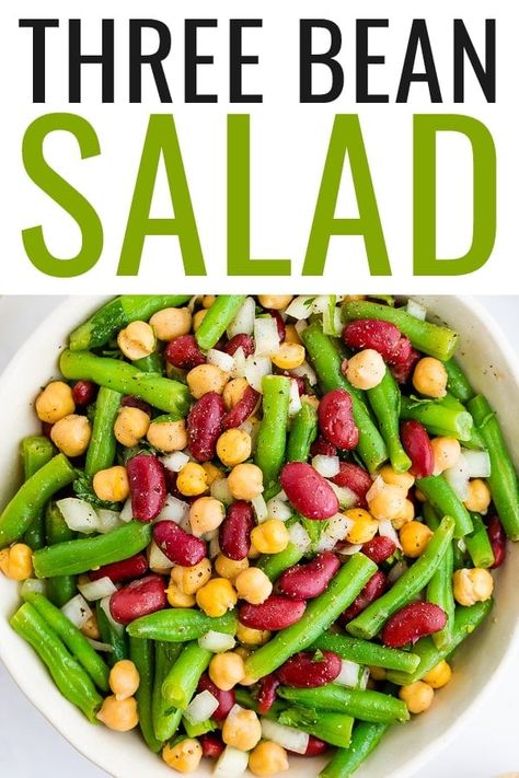 Three Bean Salad Maple Beans Recipes, Salad Green Beans, Healthy Bbq Recipes, Bite Size Appetizers Easy, Kidney Bean Salad, Healthy Bbq, Cookout Recipes, Quick Pickles, Apple Cider Vinaigrette