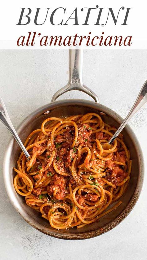 Bucatini all'Amatriciana is a quick 20-minute dinner that's so easy to make! #pasta #bucatini #pancetta #tomatoes #easy #recipes #cooking #dinner Pasta Amatriciana Recipe, Sicilian Pasta Recipes, Bucatini All'amatriciana, Dinner Recipes Low Calorie, Pasta Bucatini, Side Dishes Fruit, Noodles Dishes, Bucatini Recipes, Amatriciana Recipe