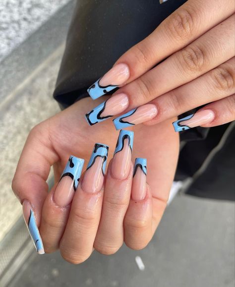 nails, nail inspo, trendy nails, nail inspo acrylic, summer nails, fall nails, September August nails, nail inspo short, acrylic nails, french tip, nail design inspo, almond, pink, white, minimalist, nails acrylic, nail ideas, nails 2022, nail art designs, nails inspiration, nail colors, nail shapes, trendy, neutral, light blue nails, light pink nails, light purple nails, soft pink, girly aesthetic, girly, girls, long nails, short nails, square, square nails, coffin, coffin nails, birthday nails Acrylic Nail Light Blue, Light Blue Nails With Black Design, Gel Nails Light Blue, Black And Light Blue Nails, Baby Blue And Black Nails, Light Blue And Black Nails, Pink Nails Light, Nails Light Purple, Nails Light Blue