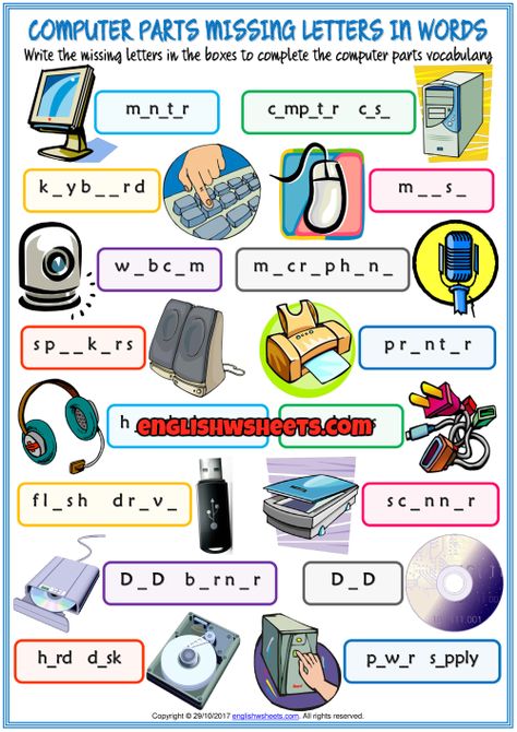 Computer Parts Missing Letters In Words Exercise Worksheet Computer Basics Worksheet, Computer Activity Ideas, Parts Of Computer Worksheet, Computer Worksheet For Class 1, Teaching Computer Skills, Computer Science Lessons, Computer Lab Lessons, Computer Lab Classroom, Worksheets For Class 1