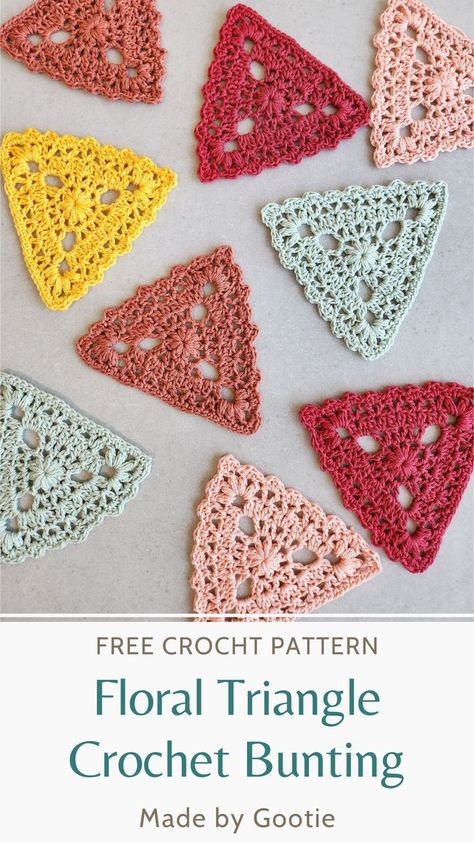 Floral Crochet Triangle Bunting Pattern Free Tshirt Yarn Basket Pattern Free Crochet, Crochet Garland Pattern, Crochet Bunting Pattern, Crochet Triangle Pattern, Bunting Crochet, Crochet Wall Decor, Triangle Bunting, Crochet Cluster Stitch, Chunky Yarn Crochet