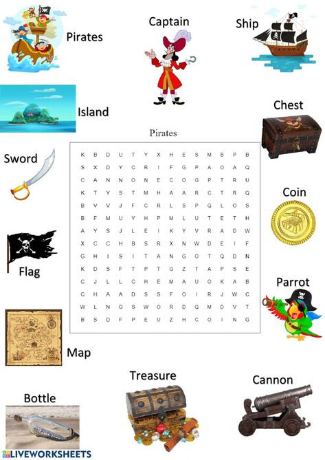 Pirate Vocabulary, Pirate Words, Animal Illustration Kids, Pirate Island, Pirate Boats, Theme Words, Pirate Day, 2nd Grade Worksheets, English As A Second Language (esl)