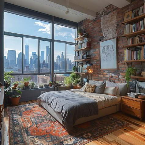 Image tagged with rustic, brick – @imintheleaves on Tumblr Exposed Brick Bedroom Aesthetic, New York Apartment Bedroom, Airbnb Room Ideas, Budget Interior Ideas, Airbnb Ideas Interior Design, New York Apartment Interior, New York Interior Design, Brick Bedroom, City Interior Design