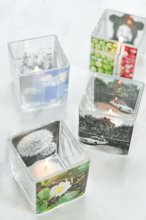 Make Your Own Instagram Votive Candle Holders (click through for tutorial) Photo Candle, Square Candle Holders, Creative Mother's Day Gifts, Diy Father's Day, Square Candles, Diy Candle Holders, Paper Bowls, Diy Father's Day Gifts, A Beautiful Mess