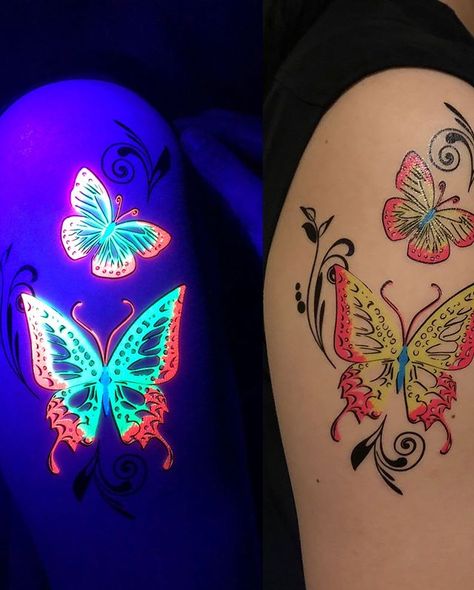 New Butterflies UV / Blacklight Temporary Tattoos #butterflytattoo #butterfly #butterflies #temporarytattoo #uvtattoo #blacklighttattoo… Neon Tattoos, Small Feather Tattoo, Black Light Tattoo, Neon Tattoo, Bright Tattoos, Uv Tattoo, Tattoo Butterfly, Tattoos For Women Half Sleeve, Tattoo Kits