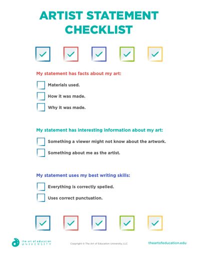 Artist Statement Checklist - FLEX Assessment Art Show Checklist, Elementary Artist Statement, Artist Statement Worksheet, Artist Statement Template, Tab Classroom, Art Vocabulary, Art Room Posters, Art Critique, Assessment Strategies