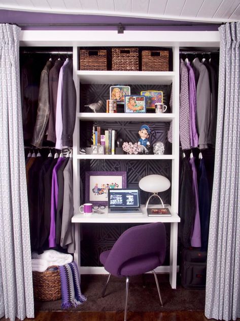 A theater designer turns his guest bedroom closet into a showy multipurpose workspace. Closet With Desk And Clothes, Desk In Closet Ideas With Clothes, Contemporary Home Offices, Closet Units, Small Dressing Rooms, Closet Desk, Dressing Design, Modern Home Offices, Purple Curtains