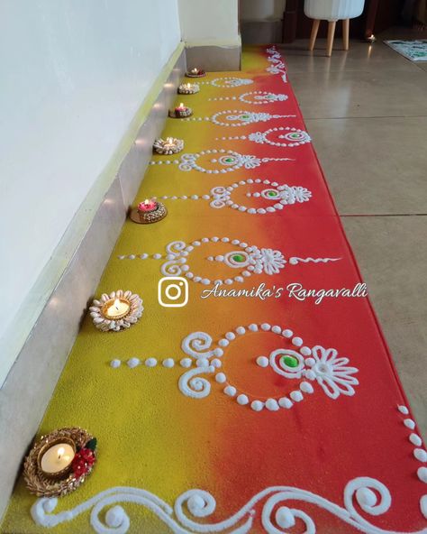 "Discover elegant and simple Rangoli designs that will beautifully enhance and elevate the ambiance of your special occasion. #RangoliDesigns #ElegantDecor #FestiveVibes #TraditionalArt #OccasionDecor #BeautifulRangoli" Simple Elegant Rangoli Design, Border Diwali Rangoli, Bela Rangoli Design, Boundary Rangoli Design, Diwali Border Rangoli, Rangoli Corner Design, Border Design For Rangoli, Border Design Rangoli Easy, Corner Rangoli Designs Diwali