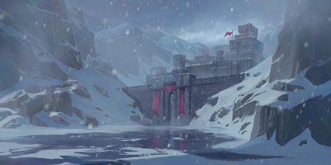 Frozen City, Fantasy Fortress, Medieval Fortress Concept Art, Winter Fortress, Dwarven Fortress, Fortress Concept Art, Frozen World Concept Art, Winter Fortress Fantasy Art, Frozen Ruins Fantasy Art