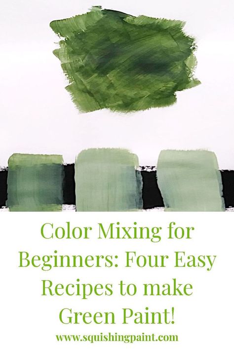 3 green acrylic paint color swatches on a painted black line to show opacity with a text overlay reading "color mixing for beginners: four easy recipes to make green paint" How To Mix Green Acrylic Paint, Mixing Greens Acrylic, Mixing Green Acrylic Paint, Acrylic Paint Mixing, Russian Olive Tree, Paint Color Mixing, Learning Watercolor, Green Acrylic Painting, Color Mixing Chart Acrylic