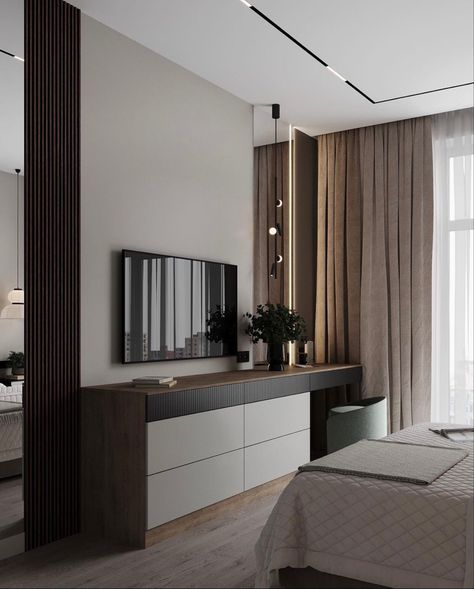 Master Bedrooms Tv Walls, Bedroom Tv Dresser, Bed And Dresser, Tv Bedroom, Bedroom Tv Wall, Simple Interior Design, Interior Design Your Home, Modern Luxury Bedroom, Dekorasi Kamar Tidur