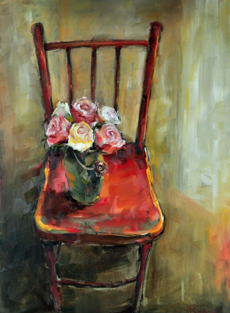 Chair Painting Canvas, Chair Oil Painting, Chair Artwork, Chair With Flowers, Red Chair, Painted Chairs, Art Chair, Take A Seat, A Chair