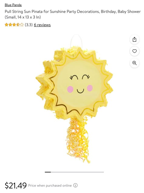 Sun Pinata, Sun Party Decorations, Sunshine Party Decorations, Sun Birthday Decorations, One In The Sun, 1st Trip Around The Sun, Pinata Stick, Birthday Pinata, Sunshine Party