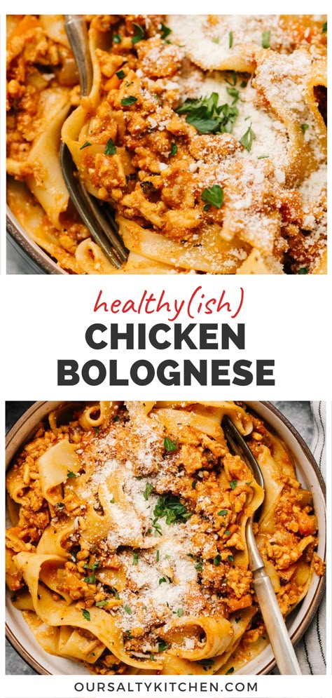 Dinner Ground Chicken, Chicken Bolognese Sauce, Healthy Pasta Dinner, Healthy Ground Chicken, Healthy Bolognese Sauce, Chicken Pasta Sauce, Ground Chicken Recipes Healthy, Traditional Bolognese, Chicken Ragu