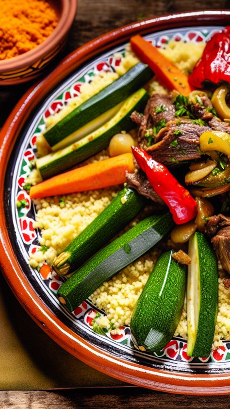 Traditional North African dish with couscous, meat and vegetables. North African Food, Tagine Cooking, Spanish Saffron, Cooking Aesthetic, Vibrant Food, African Cooking, Lamb Dishes, Filo Pastry, Culinary Travel