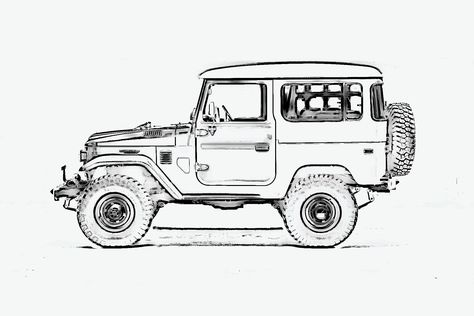 Jeep Sketch, Jeep Line Art, Back Of Jeep Drawing, Toyota Land Cruiser Drawing, Jeep Clipart Black And White, Jeep Drawing, Wisconsin Vacation, Car Stripes, Life Drawing Classes