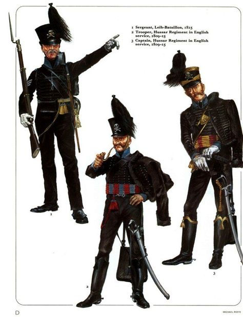 Brunswick Troops: Sergeant, Life Battalion, 1815, and Trooper and Captain, Hussar Regiment in British service, 1809-1815.  Double click on image to ENLARGE. Black Brunswickers, Osprey Publishing, Napoleonic Uniforms, Army Poster, Historical Warriors, German Soldiers Ww2, Napoleonic Wars, Military Art, British Army