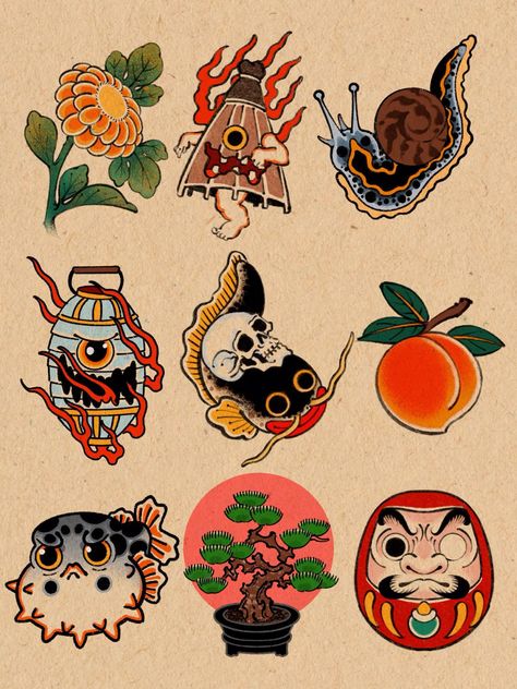 Japanese Tattoo Art Simple, Japanese Yokai Tattoo, Anime Tattoo Flash, Yokai Tattoo, Trad Tattoo Ideas, Small Japanese Tattoo, Yokai Art, Japanese Tattoo Meanings, Cicada Tattoo