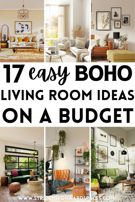 Here you will find 17 easy Boho living room ideas to transform your room on a budget, there are pictures of a variety of different living rooms, all with unique decorations and colour schemes. Some common themes are wall art, plants, pops of color, throws, cushions and rugs. Boho Living Room Cheap, Simple Boho Living Room Small Spaces, Small Living Room Boho Ideas, Small Living Room Boho Decor, Vintage Boho Living Room Decor, Living Room Inspo Modern Boho, Boho Kitchen Living Room Combo, Boho Elegant Living Room, Boho House Ideas Living Room