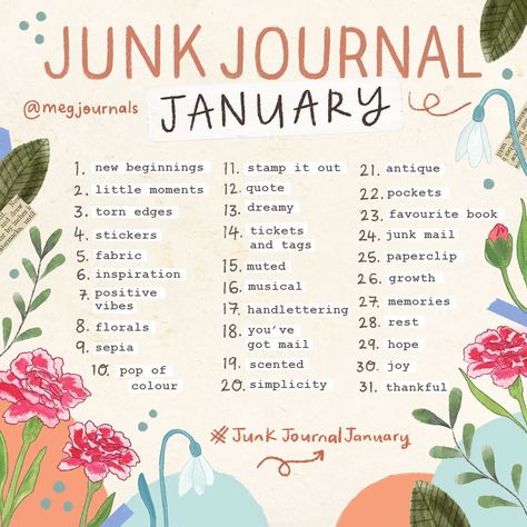 Meg on Instagram: “🥁🥁🥁 #JunkJournalJanuary 2022 is here!! ✨ A month-long junk journal challenge to inspire you to create in your journal. All you need to do…” Junk Journal Challenge, January Journal Prompts, Journal January, Weekly Journal, Prompt List, Business Campaign, Journal Challenge, Art Journal Prompts, Smash Journal