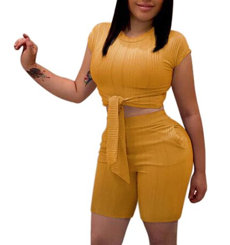 Women's Sexy 2 Piece Outfits Crop Top Bodycon High Waist Shorts Tracksuit Set Jumpsuits Rompers ** You can find out more details at the link of the image. (This is an Amazon affiliate link) Crop Top Elegante, Outfits Short Women, Jumpsuit Overalls, Womens Jumpsuits Casual, Tracksuit Outfit, Tied T Shirt, Rompers Online, Elastic Waist Dress, Sequin Outfit