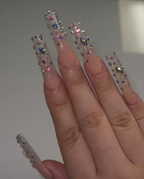 Luxury Nails Aesthetic, Clear Bling Acrylic Nails, Nails With Pearls And Rhinestones, Long French Tip Acrylic Nails With Rhinestone, Clear Rhinestone Acrylic Nails, French Tip Long Nails With Gems, Bedazzled Acrylic Nails, Clear Rhinestone Nails, Tapered Square Nails Gems