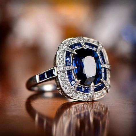 134 Likes, 2 Comments - EstateDiamondJewelry (@estatediamondjewelry) on Instagram: “What do you think of this stunning #sapphire #ring?” Sapphire Engagement Ring Halo, Blue Sapphire Diamond Ring, Rings Blue, Double Halo Engagement Ring, Vintage Engagement Rings Sapphire, Vintage Art Deco Rings, Sapphire Engagement Ring Blue, Wedding Anniversary Rings, Blue Sapphire Diamond