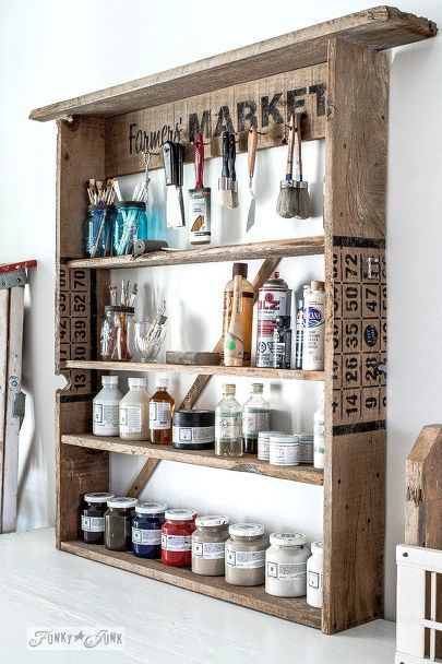 a rustic office on a wall thanks to a few old signs, home office, repurposing upcycling, wall decor, woodworking projects Paint Shelf, Rangement Art, Workspace Ideas, Rustic Office, Funky Junk Interiors, Funky Home Decor, Sign Stencils, Wooden Shelf, Old Signs