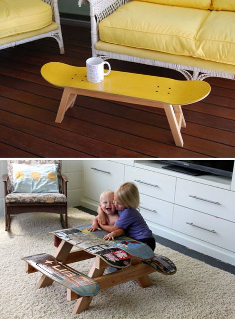 You Can Turn Your Old Skateboard Into A New Furniture | Bored Panda Skateboard Furniture, Diy Furniture Hacks, Furniture Hacks, Cheap Furniture, Recycled Furniture, Upcycled Furniture, Repurposed Furniture, Rustic Furniture, Furniture Projects