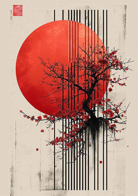 Harmony / Prints #1 Digital Art by SampadArt Gallery Ink Tattoo Design, Red Tattoo Ideas, Red Ink Tattoo, Naruto Painting, Japanese Art Modern, Birch Tree Art, Zen Painting, Red Tattoo, Japanese Art Prints