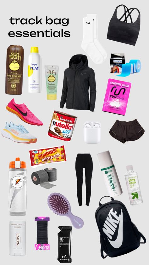 Track essentials #trackandfield #track #trackessentials Tennis Bag Essentials, Sports Bag Essentials, Track Workout Training, Track Bag, Track Uniforms, Dance Class Outfit, Track Outfits, Track And Field Sports, Coach Outfits