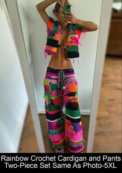 Rainbow Crochet Cardigan and Pants Two-Piece Set Same As Photo-S #crochet #ideas Rave Crochet, Crochet Bra Cup, 2025 Style, Crochet Jumpsuits, Crochet Outfits, Rave Fits, Crochet Men, Crochet Bra, Macrame Knots Pattern